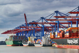 Container ships at container terminal Burchardkai, Waltershof, Hamburg, Germany