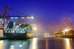 Container ships at illuminated container terminal Burchardkai at night, Waltershof, Hamburg, Germany