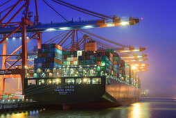 Container ships at illuminated container terminal Burchardkai at night, Waltershof, Hamburg, Germany