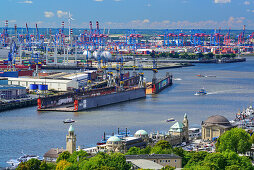 View to Hamburg with St. Pauli-Landungsbruecken with Pegelturm, river Elbe and container terminal in background from Michel, church St. Michaelis, Hamburg, Germany