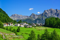 Blick auf Bos-cha mit Sesvennagruppe im Hintergrund, Unterengadin, Engadin, Kanton Graubünden, Schweiz