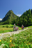 Two cyclists with child trailer riding along Inn cycle route, ruin Kronburg in background, Zams, Tyrol, Austria