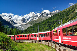 Rhaetian Railway in front of Bernina range with Piz Palue, Piz Bernina and Piz Morteratsch, valley of Morteratsch, Morteratsch, Bernina, Upper Engadin, Engadin, Grisons, Switzerland