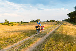 Radfahrer mit Kinderanhänger auf einem Küstenweg, Marielyst, Falster, Dänemark
