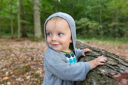 Mädchen (1 Jahr) steht an einem Baumstamm, Naesgard, Falster, Dänemark