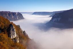 Mist in the valley of the Danube river, view to Werenwag castle, Upper Danube Nature Park, Baden- Wuerttemberg, Germany