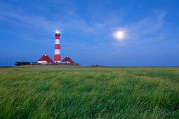 Westerhever lighthouse at full moon, Westerhever lighthouse, Eiderstedt peninsula, Schleswig-Holstein, Germany