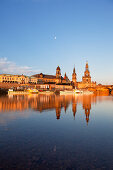 Morning mood, reflection of the Staendehaus, Residenzschloss and Hofkirche in the river Elbe, Dresden, Saxony, Germany