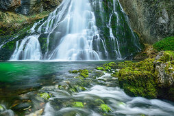 Wasserfall fließt in grünen Gumpen, Gollinger Wasserfall, Golling, Berchtesgadener Alpen, Salzburg, Österreich