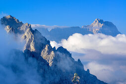 Cadini range and Sorapis range with clouds, Alpine hut Auronzo-Huette, Drei Zinnen, Tre Cime di Lavaredo, UNESCO World Heritage Site Dolomites, Dolomites, Veneto, Italy