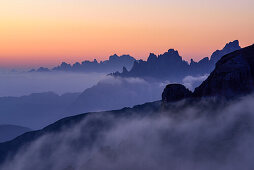 Fog with pinnacles of Dolomites, Alpine hut, Auronzo Huette, Drei Zinnen, Tre Cime di Lavaredo, UNESCO World Heritage Site Dolomites, Dolomites, Veneto, Italy