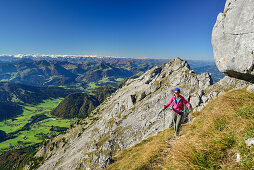 Frau wandert durch herbstliches Gras mit Großvenediger im Hintergrund, Nurracher Höhenweg, Ulrichshorn, Loferer Steinberge, Tirol, Österreich
