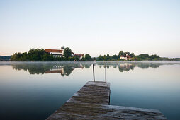 Seeon Monastery and Lake Seeon with reflection, Seeon-Seebruck, Chiemgau, Upper Bavaria, Bavaria, Germany