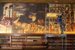 restoration work, scaffold, interior, historic medical library next to Sala San Marco, today the city hospital, Venice, Italy