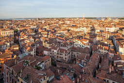 view over the roofs of Venice, from campanile of Frari church, tower shadow, Venice, Italy