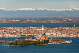 aerial shot above Venice, panorama, island of San Giorgio Maggiore, San Marco, St Mark's Square, Giudecca, snow peaks, Alps, Dolomites, lagoon, panorama, Venice, Italy