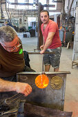 Silvano Signoretto and son, Berengo Studio, Glassblowing, famous contemporary glass objects made in Murano by international artists, Murano Island, Venice, Italy