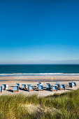 Beach chairs and dunes, Sylt Island, North Frisian Islands, Schleswig-Holstein, Germany