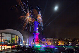 Warnemuender fireworks at the lighthouse, Warnemuende, Mecklenburg Western Pomerania, Germany