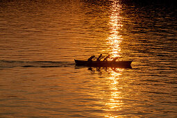 Rowing boat in evening sun, Torri del Benaco, Lake Garda, Verona, Veneto, Italy