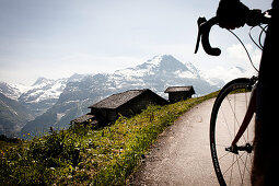 Cyclist on mountain pass, view to Eiger and Moench, Bussalp, Bernese Oberland, Switzerland
