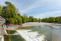 Graffiti at Flaucher, beach and BBQ area, Isar river in spring, Thalkirchen, Munich, Upper Bavaria, Bavaria, Germany, Europe