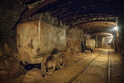 railway tracks and tools in a mining pit, mining pit Tiefer Stollen, Aalen, Ostalb province, Swabian Alb, Baden-Wuerttemberg, Germany