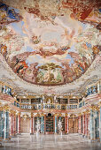 splendid library with columns, sculptures and ceiling frescos, Wiblingen Monastry, Ulm at Danube River, Swabian Alb, Baden-Wuerttemberg, Germany