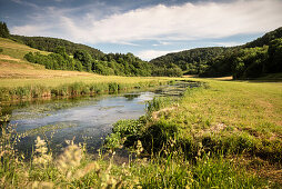 view towards Aach valley and Aach river, Zwiefalten, Swabian Alb, Baden-Wuerttemberg, Germany