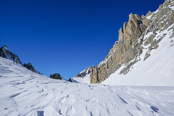Windgangeln vor Felswänden des Monte Sautron, Valle Maira, Cottische Alpen, Piemont, Italien