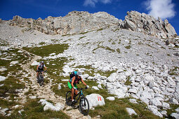 zwei Mountainbiker auf einem Singletrail am Latemar, Trentino, Italien