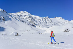 Woman back-country skiing ascending towards Monte Cevedale, Monte Cevedale, valley of Martell, Ortler range, South Tyrol, Italy