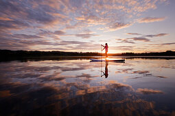 Woman stand up paddling on lake Chiemsee in sunset, Chiemgau, Bavaria, Germany