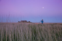 Junges Mädchen und Golden Retriever laufen durch Reet nahe dem Hallig Krog Restaurant am Wattenmeer in der Abenddämmerung bei Mondaufgang, Hamburger Hallig, nahe Bredstedt, Nordfriesland, Schleswig-Holstein, Deutschland, Europa