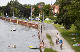 Swimming near Lock Muenster in  the Dortmund-Ems-Kanal ,  Muensterland , North Rhine-Westphalia , Germany , Europe
