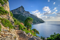 Weg führt an der Küste entlang, Blick auf Punta Giradili, Selvaggio Blu, Nationalpark Golfo di Orosei e del Gennargentu, Sardinien, Italien