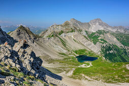 View towards lake Hintersee with Stanskogel and Fallesinspitze, Lechtal Alps, Tyrol, Austria