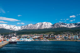 City view from the Ushuaia pier with snow-covered mountains, Ushuaia, Tierra del Fuego, Patagonia, Argentina