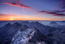 View towards Alpspitze, Jubilaeumsgrat, Wetterstein range and Hohe Munde, from Zugspitze, Wetterstein range, Upper Bavaria, Bavaria, Germany