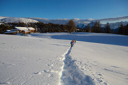 Gruppe von Schneeschuhgehern vor Hütte, Kreuzwiesenalm, Lüsen, Südtirol, Italien