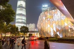 Night, Pudong, people walking, street, traffic, Shanghai Tower, financial district, trees, Shanghai, China, Asia