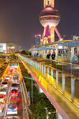 Night, Pudong, Oriental Pearl Tower, people on bridge, walkway, traffic jam, illuminated, financial district, Shanghai, China, Asia