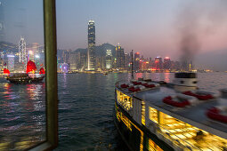 ferry terminal, pier, Star Ferry night-time, city lights, junk, red sails, public transport, water, passenger boat, Victoria Harbour, Hong Kong, China, Asia