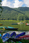 Wooden boats on lake Phewa next to the second largest city in Nepal, Pokhara, Nepal, Himalaya, Asia