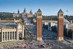 Venetian Towers on Plaça d'Espanya and National Art Museum of Catalonia, Barcelona, Spain