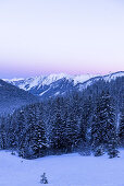 Winterliche und verschneite Landschaft im Kleinwalsertal in Vorarlberg zur blauen Stunde, Vorarlberg, Österreich