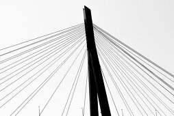 Die fächerförmigen Abspannungen, die Beleuchtung und der Pylon, der in Stahl ausgeführten Schrägseilbrücke Köhlbrandbrücke als Silhouette, Hamburg, Deutschland
