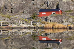 Swedish cottage with reflection in the sea, Island Koö, Bohuslän, Västergötland, Götaland, South Sweden, Sweden, Scandinavia, Northern Europe, Europe