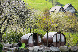 sleeping in wine barrels, Sasbachwalden, Ortenau, Black Forest, Baden-Wuerttemberg, Germany