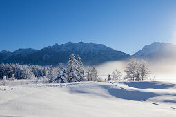 Winter landscape at Barmsee, view to Karwendel range, Bavaria, Germany
